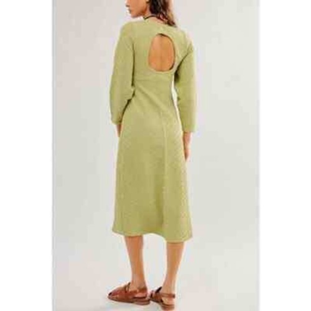 Free People Midi Dress Dried Aloe Green NWT Textured Smocked Chevron